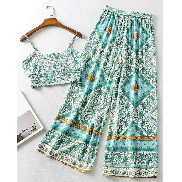 Boho mandala print crop Cami top wide leg Pants Set - Picture 7 of 9